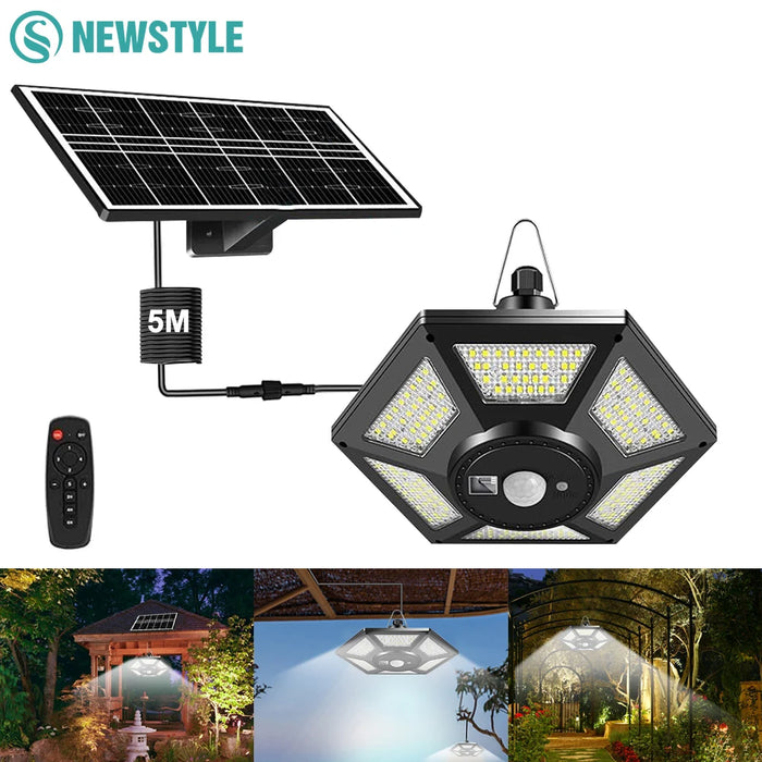 Solar Shed Light Indoor Outdoor 228 LED Pendant Light Motion Sensor with Remote Waterproof 5 Lighting Modes for Barn Gazebo Yard
