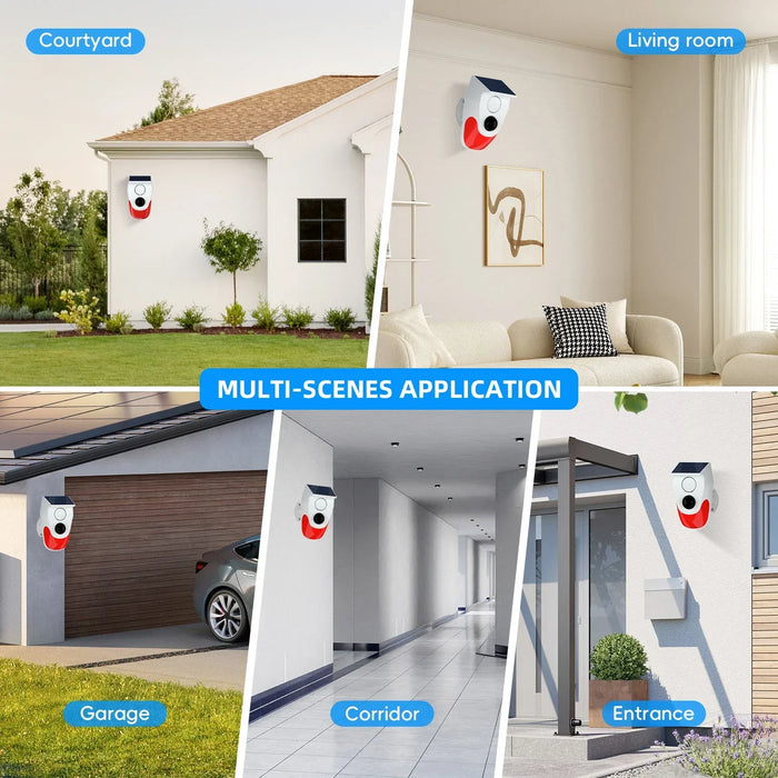 Solar Sound Alarm Motion Sensor with Remote Control 120dB Siren Sound Alert Flash Warning Strobe Security Alarm System for Home