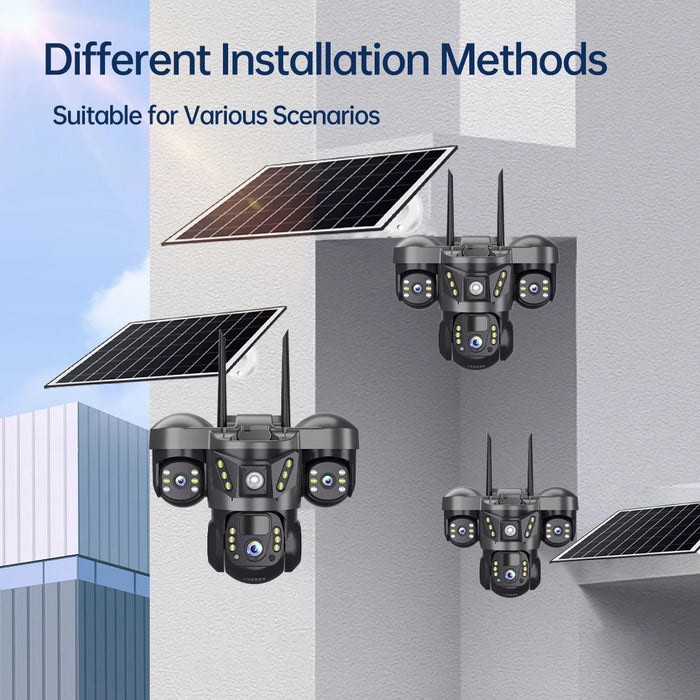 Solar 4G Camera 15MP Triple Lens Triple Screen 10x Zoom Outdoor Waterproof Battery Surveillan PIR Human Detection V380 Pro Cam