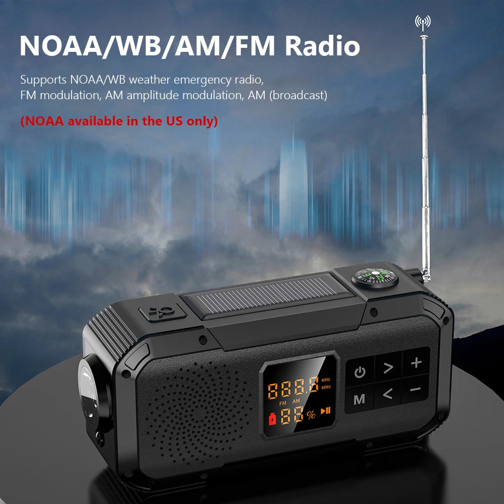 AM/FM/WB/NOAA Emergency Radio Hand Crank Solar Powered Radio Multifunction Weather Radio with BT Flashlight SOS for Outdoor