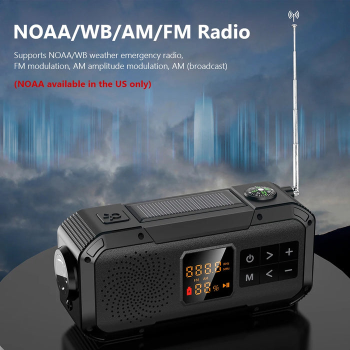 AM/FM/WB/NOAA Emergency Radio Hand Crank Solar Powered Radio Multifunction Weather Radio with BT Flashlight SOS for Outdoor