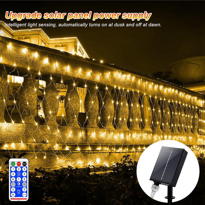 1pc Solar Net Lights Bush Net Lights Mesh Lights 8 Modes Remote Control Auto On/Off Outside Twinkle Lights For Patio Wall Roof