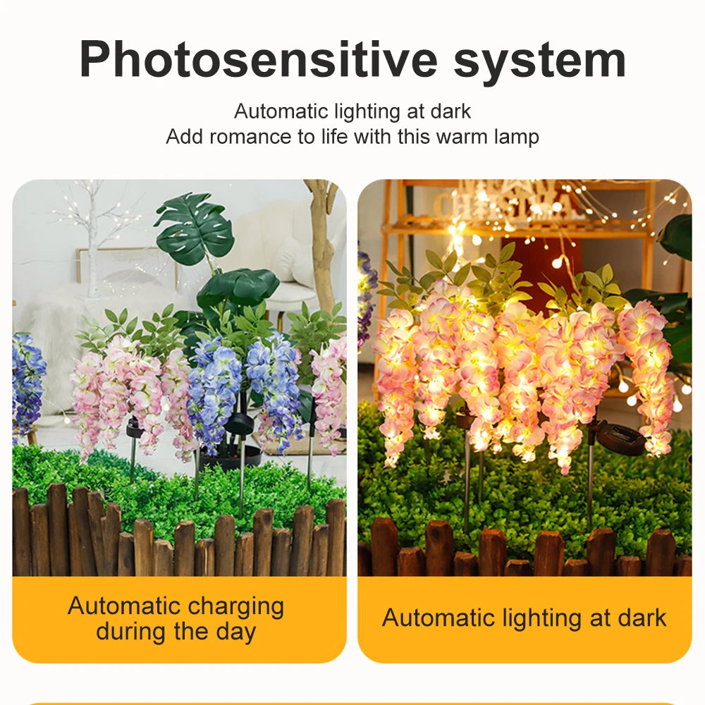 Solar Outdoor Decor Light Realistic Wisteria Floral Waterproof Artificial Flowers Light Solar Powered Garden Lawn Yard Lamp