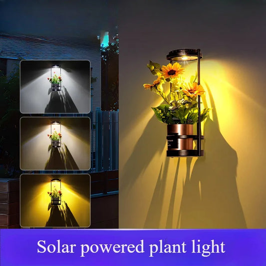 Solar Floor Lamp with Plant Stand Waterproof Outdoor Solar Wall Fence Light 3 Lighting Colors Metal Garden Decor Plant Deck Step
