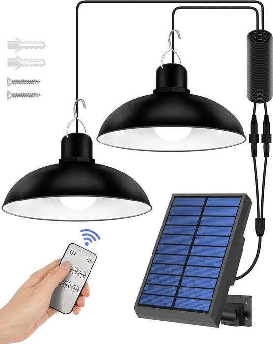 Solar Powered Pendant Light Single/Double Head Outdoor Waterproof LED Light With Remote Control Pendant Light Camping Garden