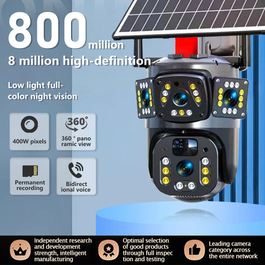 Solar Camera wifi V360PRO Three Eyes and Two Pictures Outdoor Solar Closed Circuit PTZ Camera 1080P
