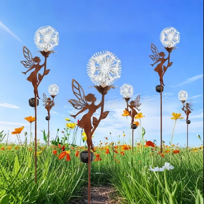 Solar Flower Dancing Dandelion Fairy Garden Sculptures Light Garden Ornaments Art Decorations for Outdoor Yard Lawn Patio