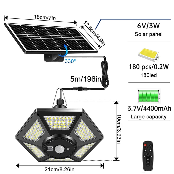 Solar Shed Light Indoor Outdoor 228 LED Pendant Light Motion Sensor with Remote Waterproof 5 Lighting Modes for Barn Gazebo Yard