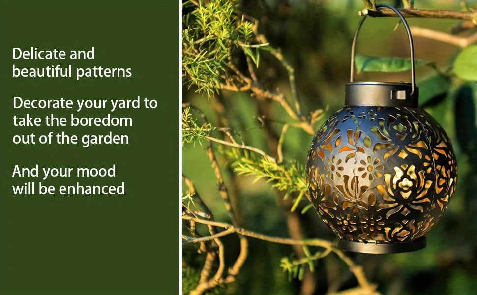 Metallic Solar Lantern Hanging LED Garden Lights Christmas Night Light for Outdoor Patio Lawn Backyard Courtyard Tabletop Decor