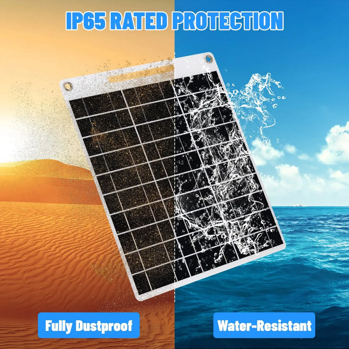 Portable solar power bank with two USB ports, suitable for outdoor camping, charging mobile phones or other electronic devices.