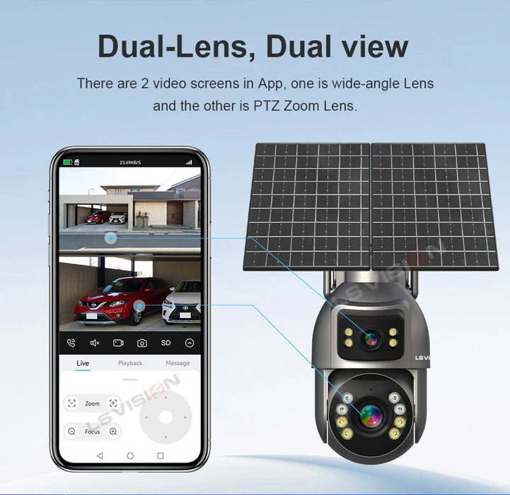 LS VISION 8MP 24/7 Video Recording AOV 4G Solar Camera Dual Screens Outdoor 20X Optical Zoom 50m Detection Distance CCTV Cameras