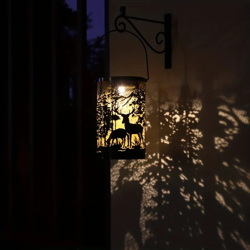 Solar Lantern Deer And Forest Pattern Hollow Projection Light Outdoor Garden Decor Threshold Courtyard Landscape Terrace Lamp