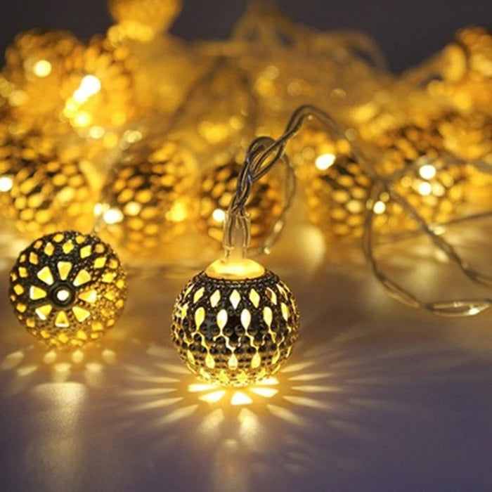 Solar LED String Lights Outdoor Iron Art Moroccan Ball Led String Lamp Gold Ball Silver Iron Round Ball