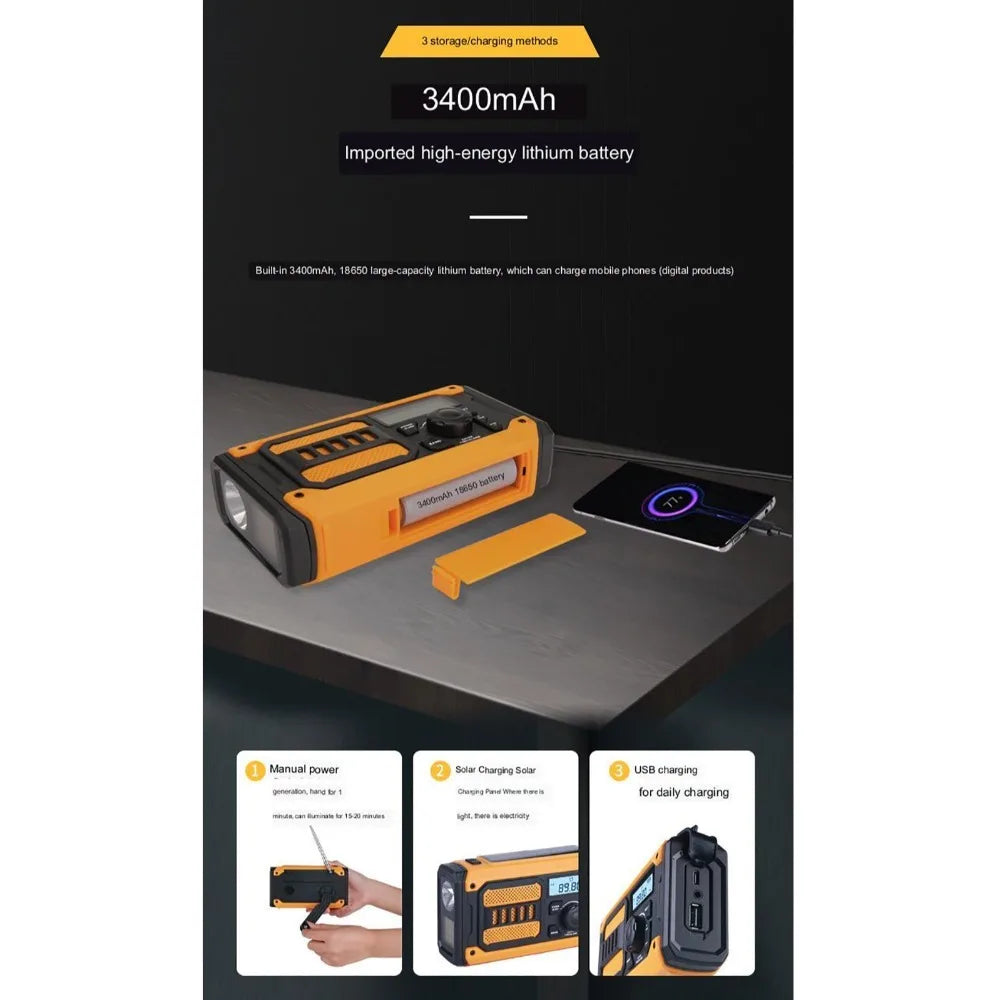 2000mAh Solar Emergency Radio AM FM NOAA Power Bank Portable Weather Radio Multi-band LED Flashlight SOS Outside Radio Universal
