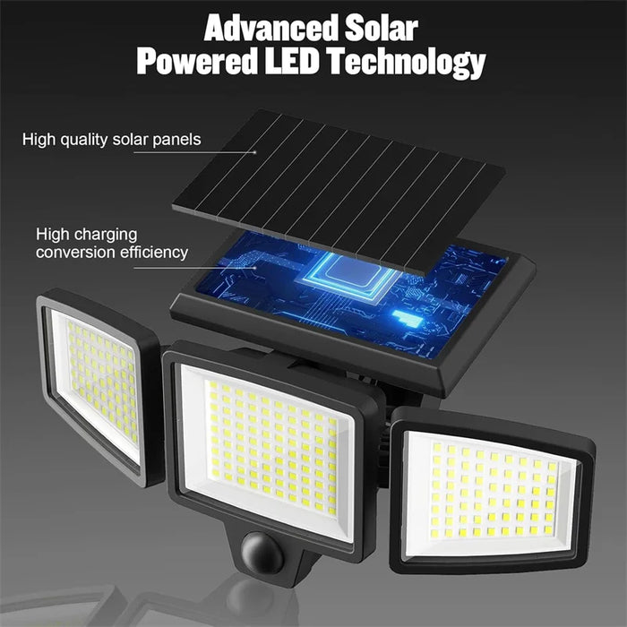 Solar Security Lights 210 LED 3 Head Motion Sensor Flood Light w/ Remote Waterproof 270° Wall Light with 3 Modes for Garage Yard