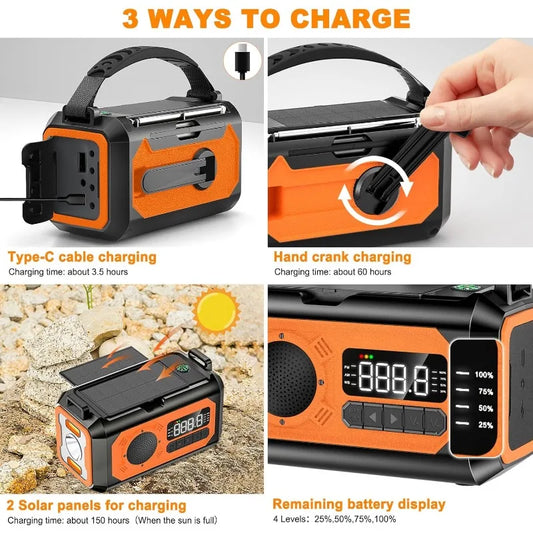 12000mAh Emergency Radio Hand Crank Portable Solar Radio Weather Radio SOS Alarm Flashlight Phone Charger Compass Reading Lamp