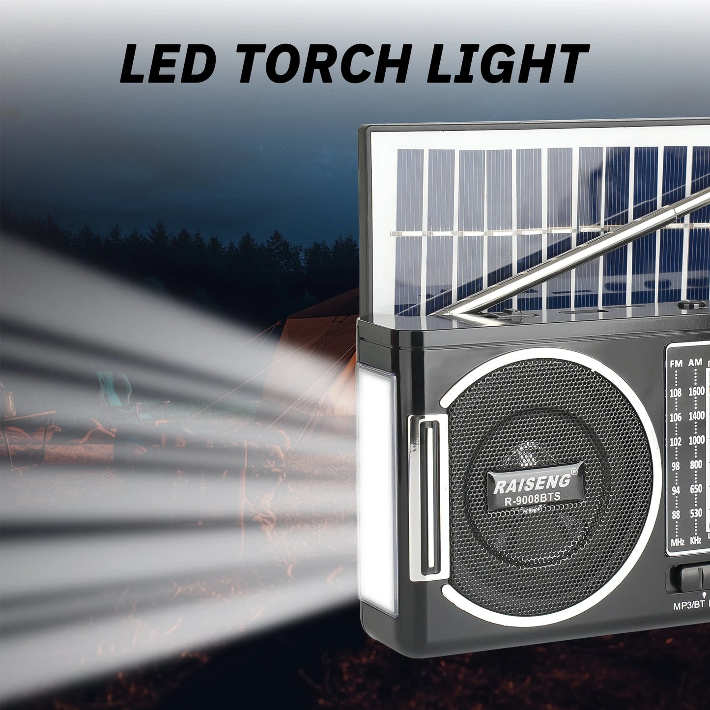 9008BTS classic solar radio, AM/FM speaker, USB/TF card interface, 3 charging methods, suitable for outdoor activities