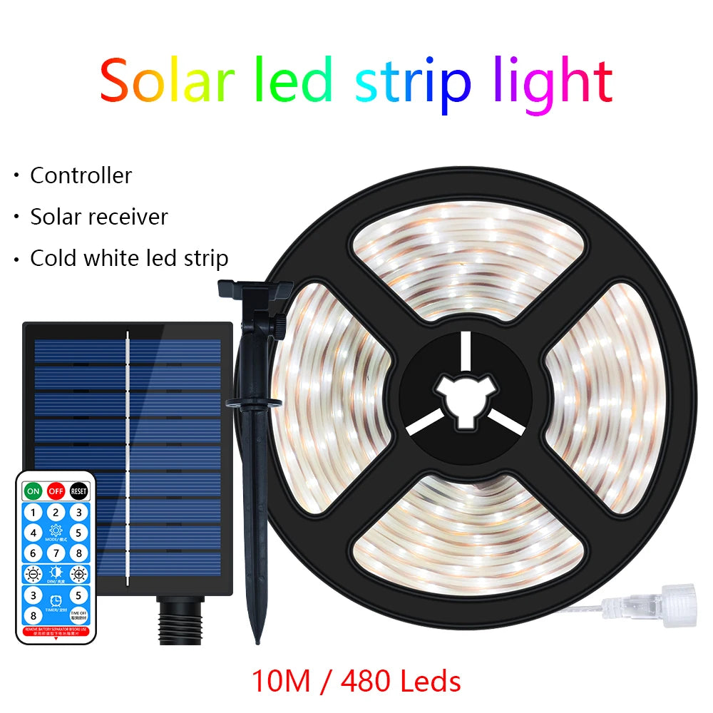 Solar LED Strip Light 8 Modes Fairy Lights Atmosphere IP67 Waterproof 5M 10M Wall Decoration Solar Lamp Christmas Colorful
