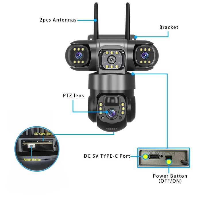 4G Solar Camera Outdoor Triple Lens Triple Screen 6K 12MP Auto Tracking IP Camera CCTV Audio Video PTZ Surveillance WIFI Camera