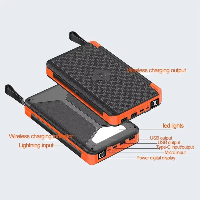 Solar Power Bank 20000mAh Qi Wireless Charger 3 Solar Panel Folding Powerbank for iPhone 16 15 14 13 12 Huawei Xiaomi Poverbank