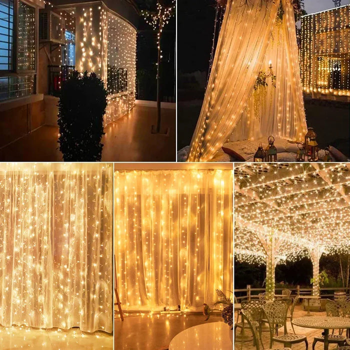 Christmas LED Solar Courtyard Curtain Lights Outdoor Waterproof Fairy String Lights with 8 Modes Garden Window Bedroom Wedding