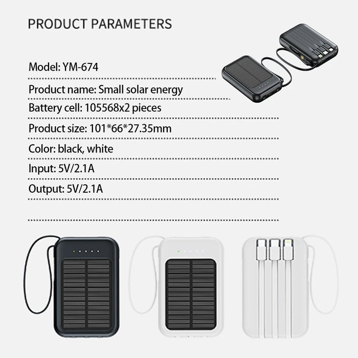 20000mAh High Capacity Solar Power Bank External Charger Powerbank LED Light New Solar Charger Built Cables 2 USB Ports
