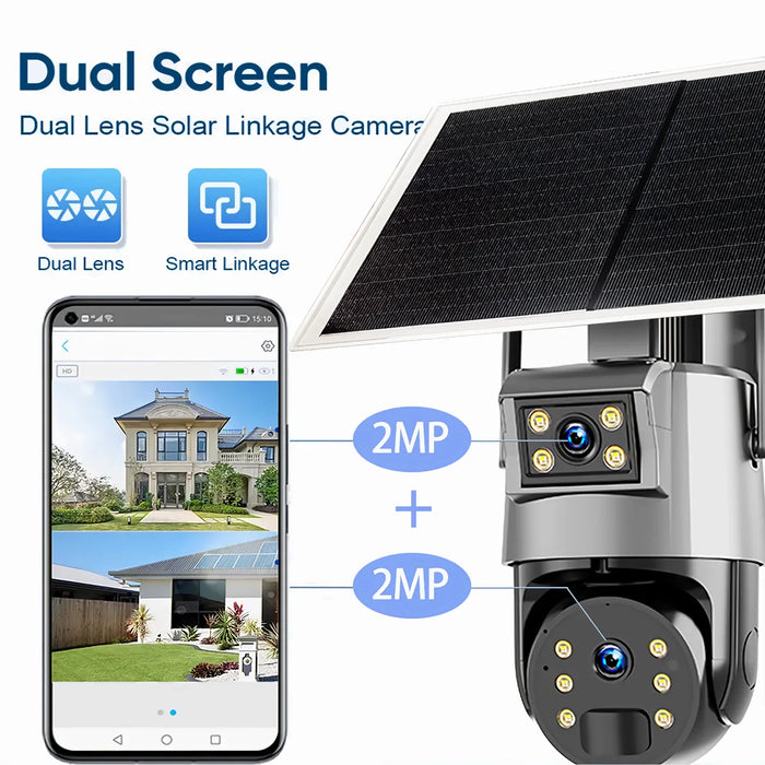 Outdoor Solar Security Camera Lamp Dual Lens 1080P WiFi 4G Alarm 10000mAh PTZ Motion Detect Dual Light Wall Mount
