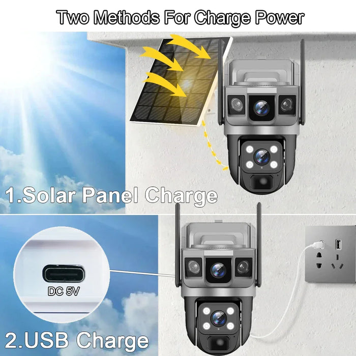 Solar Outdoor Surveillance Camera Dual Lens Triple Monitoring Shots PIR Humanoid Detection Smart Home CCTV WiFi Security Cameras