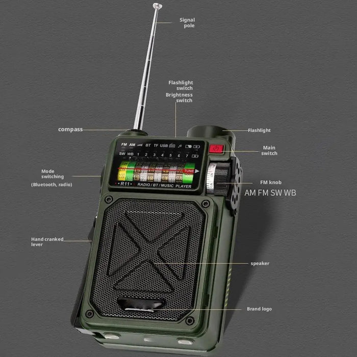 Portable Bluetooth Solar Radio USB Playback TF Card Solar Power Bank Hand-cranked Flashlight Full-band Radio Camping Accessories