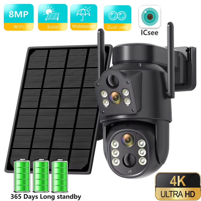 4K 8MP IP Solar Power WiFi Camera PTZ Outdoor IP66 Waterproof 7800mAh Built-in Battery Surveillance Camera PIR Human Detection