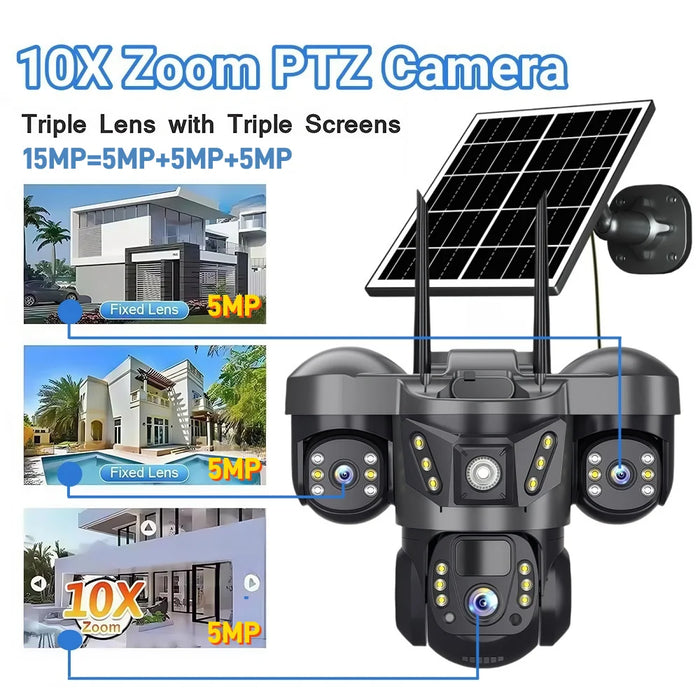 Solar WIFI IP Camera with Battery 15MP Three Lens Three Screen Monitor Night Vision Security Protection PTZ Video Surveillance