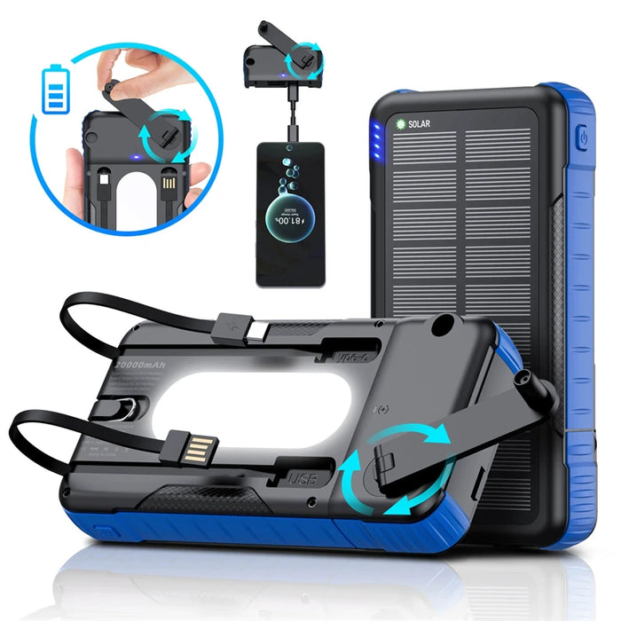 20000mAh Hand Crank Solar Power Bank with Cable Fast Charge Outdoor Portable Powerbank for iPhone Huawei Xiaomi External Battery