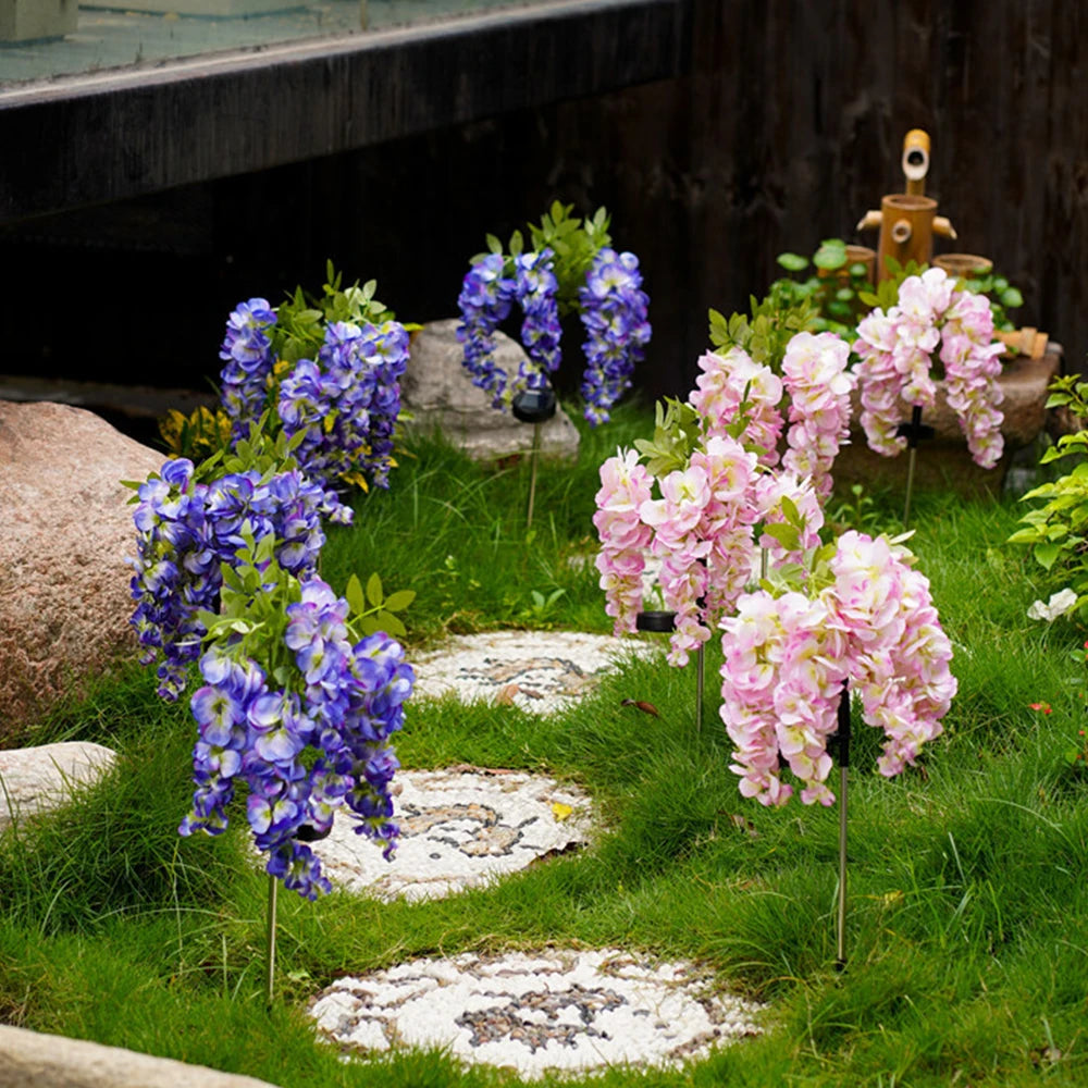Solar Outdoor Decor Light Realistic Wisteria Floral Waterproof Artificial Flowers Light Solar Powered Garden Lawn Yard Lamp