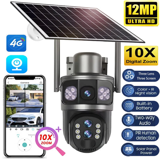 Solar Camera 4G Sim Three Screens 10X Zoom 6K 12MP Outdoor Surveillance Tracking Wireless Security Cameras Cctv Solar Power Cam
