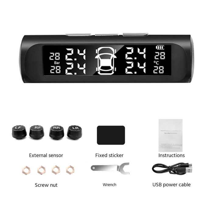 Solar Power Car Tire Pressure Alarm Digital Display Auto Smart Tpms Tire Pressure Monitor System Temperature Warning with Sensor