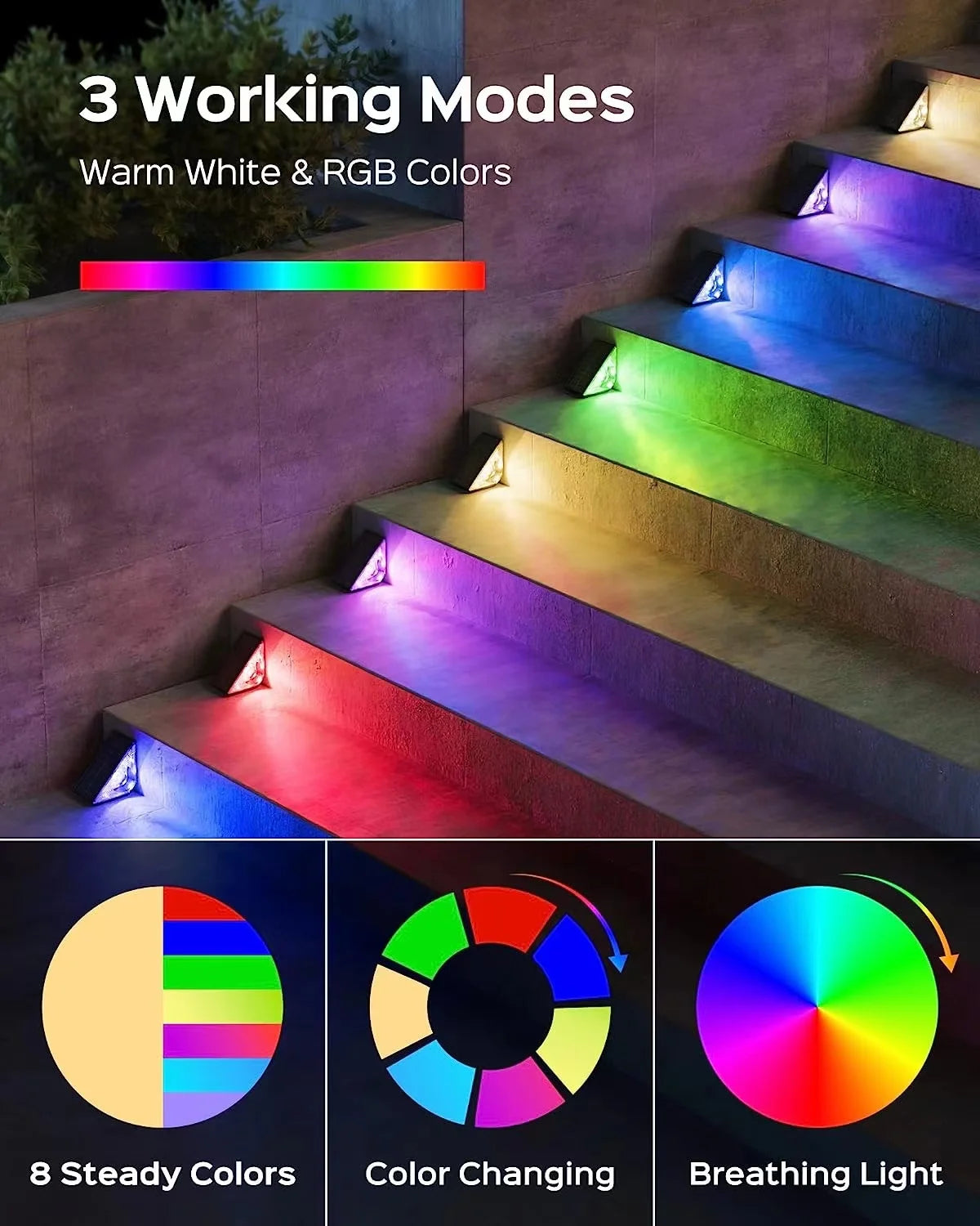 Solar Stair Lights with Motion Sensor Waterproof  IP67 3 Mode RGB Color Changing Step Light LED Lights for Steps Patio Garden