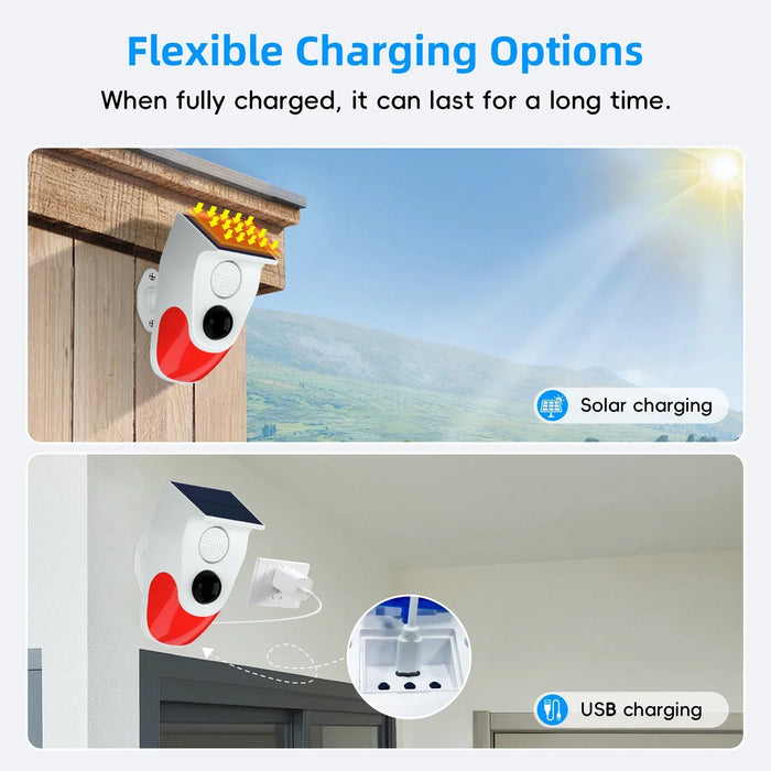 Solar Sound Alarm Motion Sensor with Remote Control 120dB Siren Sound Alert Flash Warning Strobe Security Alarm System for Home