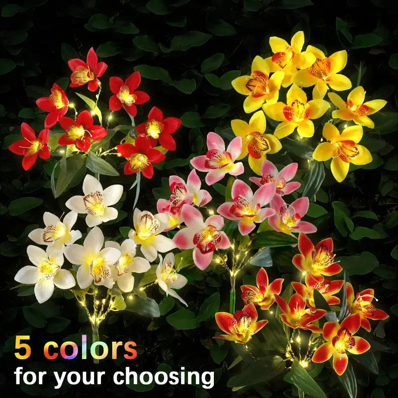 Flower Solar Lights Outdoor Garden, LED Solar Flower Lights with 7 Orchid Flower Solar Stake Lights for Courtyard Pathway lights
