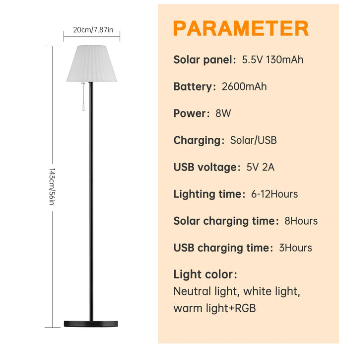 Solar Powered USB Charging Outdoor Floor Lamp for Patio Waterproof Rechargeable Cordless Solar Floor Lamp with Light Sensor