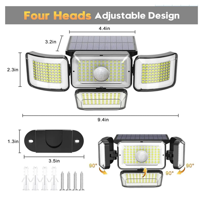 Solar Lights Outdoor Waterproof, 288 LED Solar Flood Lights with Motion Sensor, 4 Heads Security Light with Remote for Yard