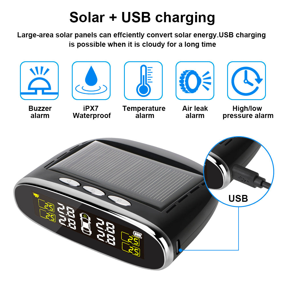 Car Tire Pressure Alarm Monitor System Solar Power TPMS Temperature Alert LCD Display With 4 Internal/External Sensor