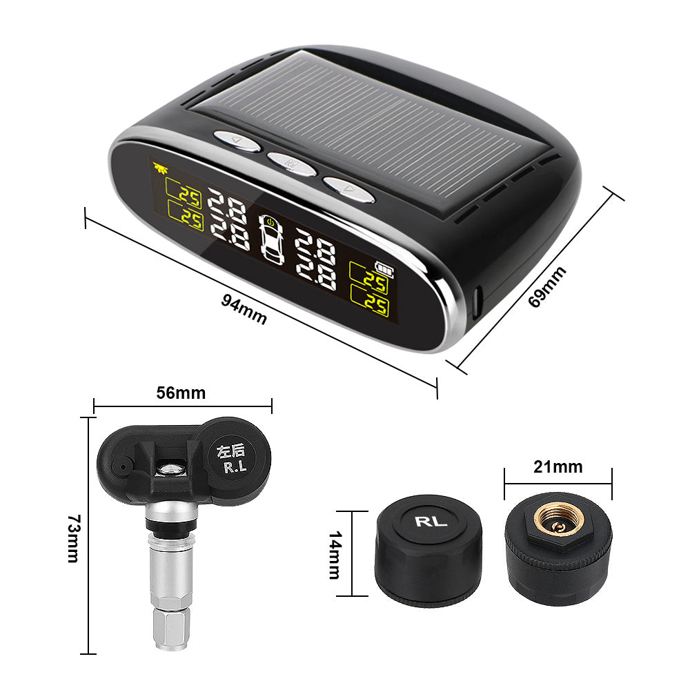 Car Tire Pressure Alarm Monitor System Solar Power TPMS Temperature Alert LCD Display With 4 Internal/External Sensor