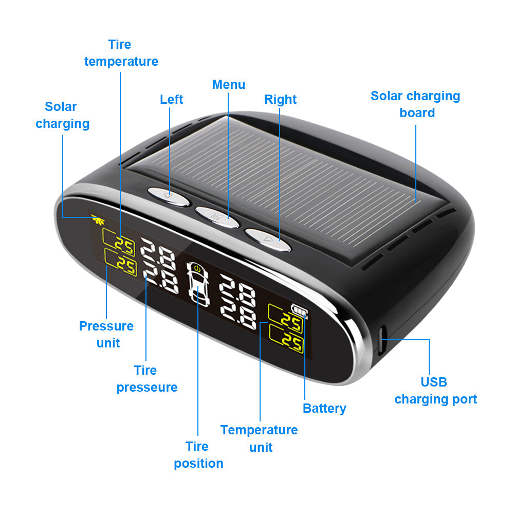 Car Tire Pressure Alarm Monitor System Solar Power TPMS Temperature Alert LCD Display With 4 Internal/External Sensor
