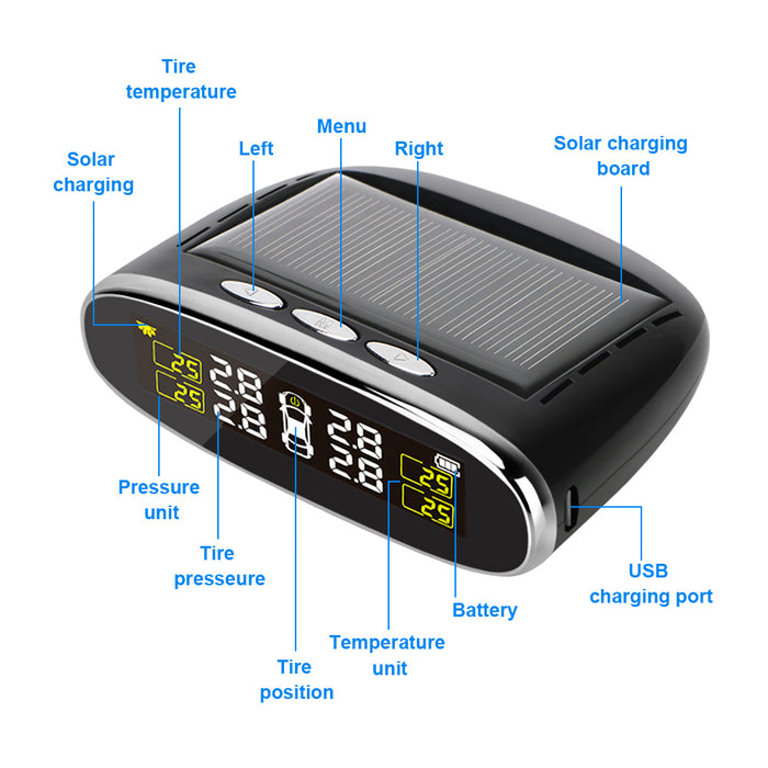 Car Tire Pressure Alarm Monitor System Solar Power TPMS Temperature Alert LCD Display With 4 Internal/External Sensor
