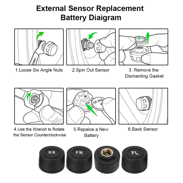 Car Tire Pressure Alarm Monitor System Solar Power TPMS Temperature Alert LCD Display With 4 Internal/External Sensor